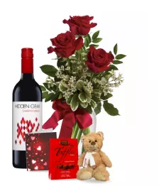 3 Red Roses and Red Wine Combo